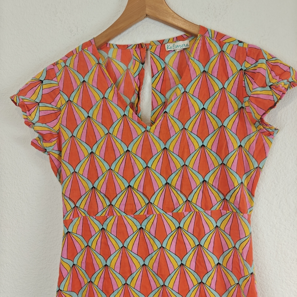 Kalimera Scalloped Geometric Cotton V-Neck Open Back Dress S/M Chic Summer Midi - Picture 5 of 16